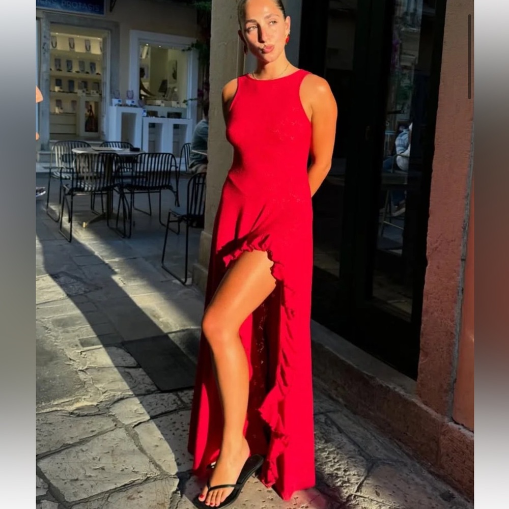 With Harper Lu Red Ruffle Maxi Dress